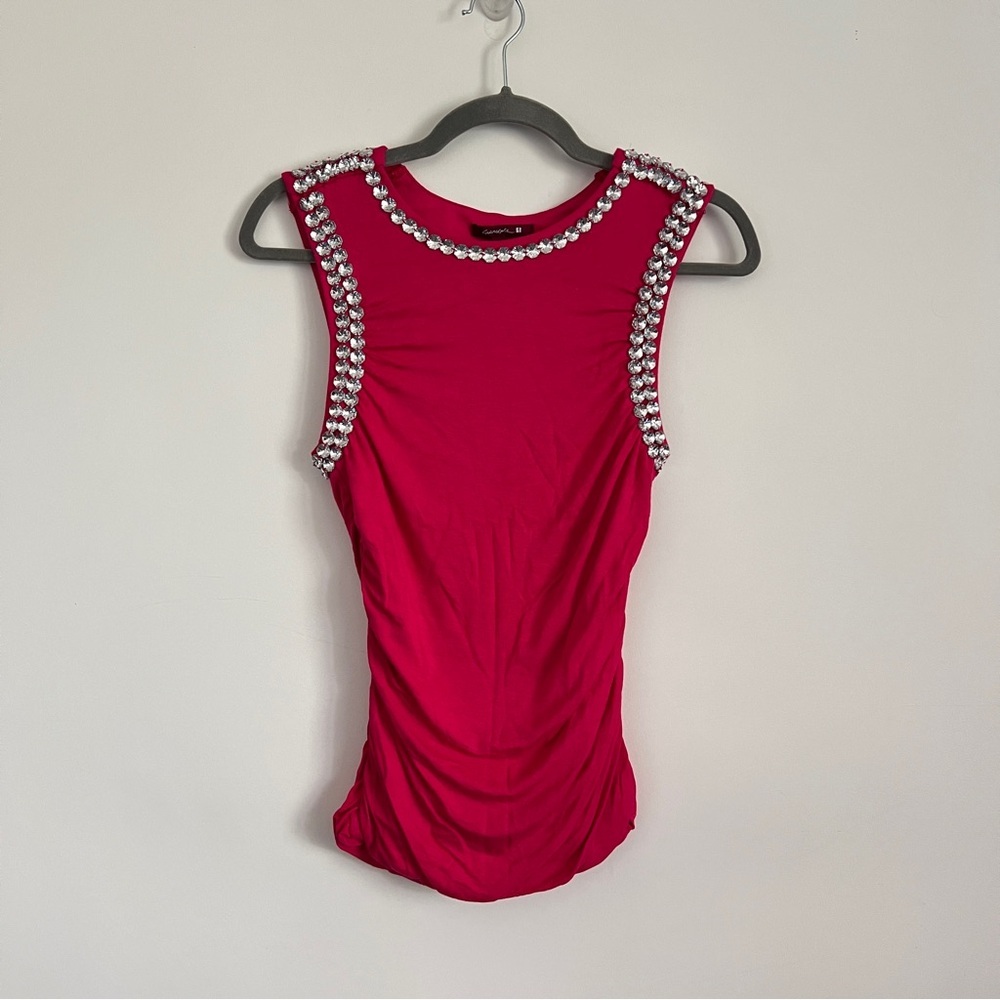 Y2K Glam Hot Pink Rhinestone Embellished Ruched Tank Top Size M